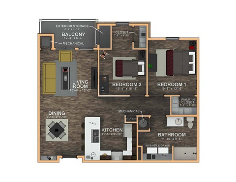 Floor plan for 2 beds, 1 bath, 1054 sqft